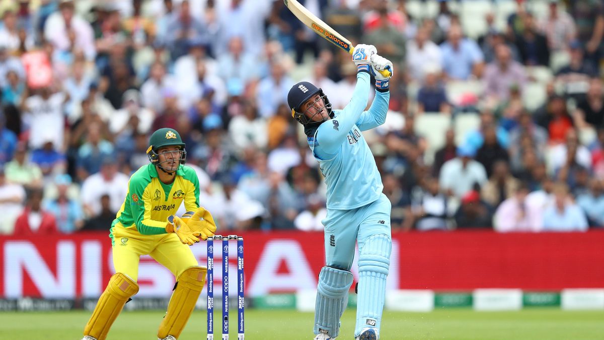 Jason Roy hits a six during his 85 against Australia at Edgbaston