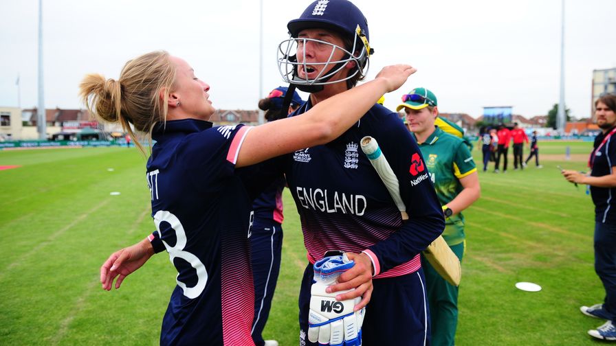 Gunn is hugged by Danni Wyatt after helping England beat South Africa and reach the 2017 ICC Women's World Cup final