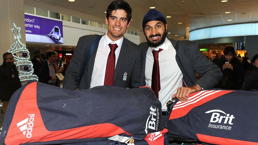 Sir Alastair Cook and Monty Panesar are all smiles after returning from a winning tour of India.