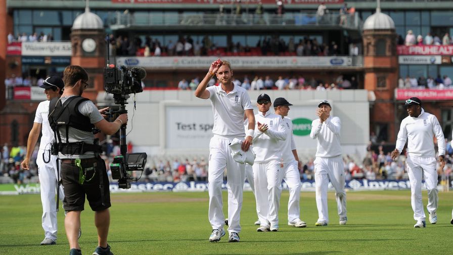 Stuart Broad celebrates his 6-25 against India at Old Trafford.