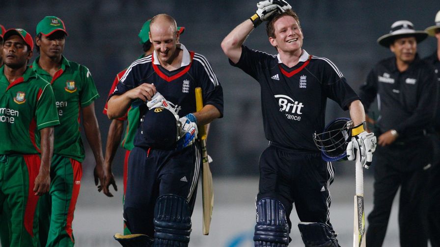 The first of many. Eoin Morgan scores his first century for England against Bangladesh in Dhaka.