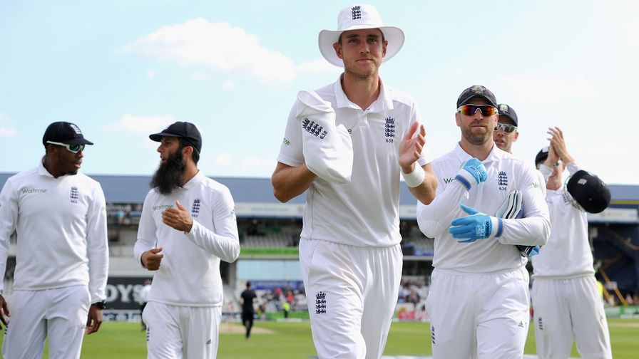 Stuart Broad leads England off the field after taking his second Test match hat-trick, against Sri Lanka at Headingley.
