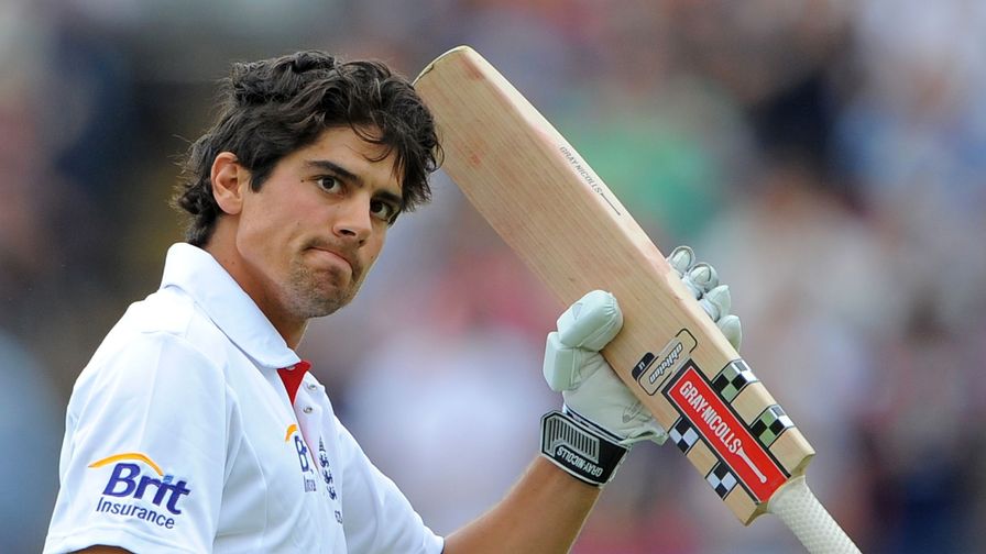 Sir Alastair Cook raises his bat after making his career high score of 294