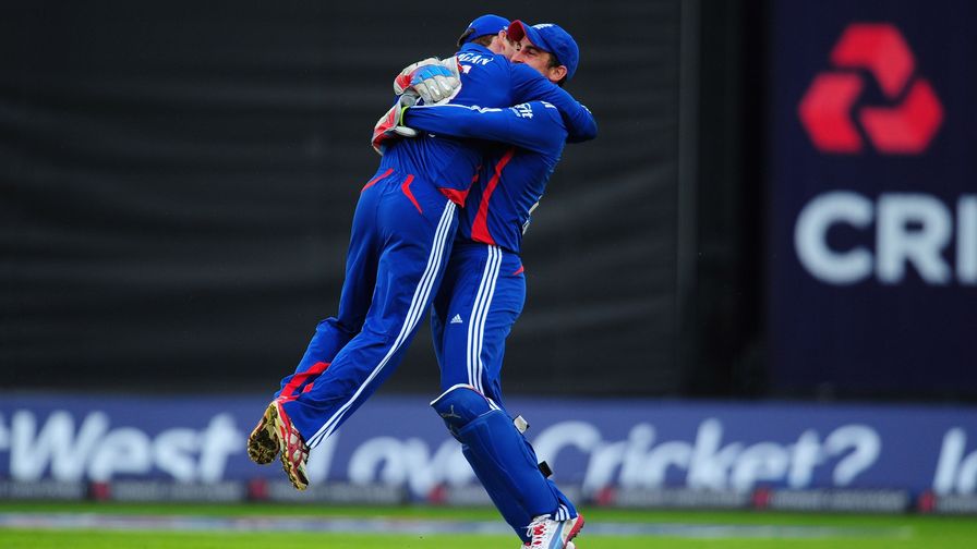 Eoin Morgan and Craig Kieswetter embrace as England secure a 4-0 ODI series win over Australia.