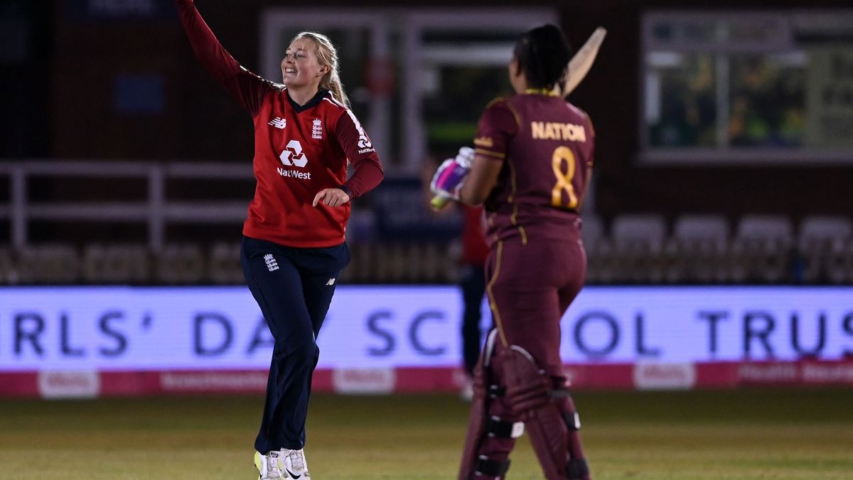 Sophie Ecclestone celebrates the wicket of Chedean Nation