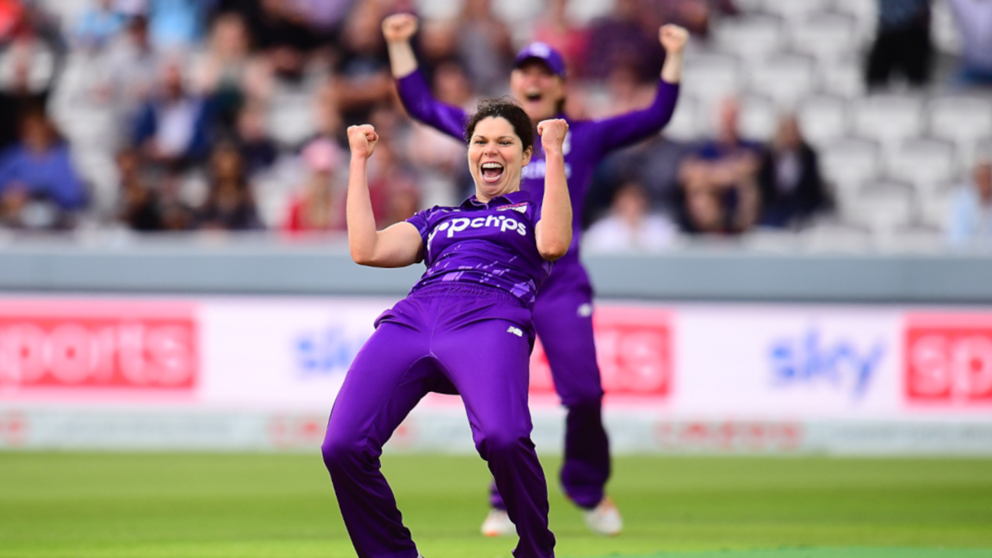 Alice Davidson-Richards celebrates taking a wicket for the Superchargers