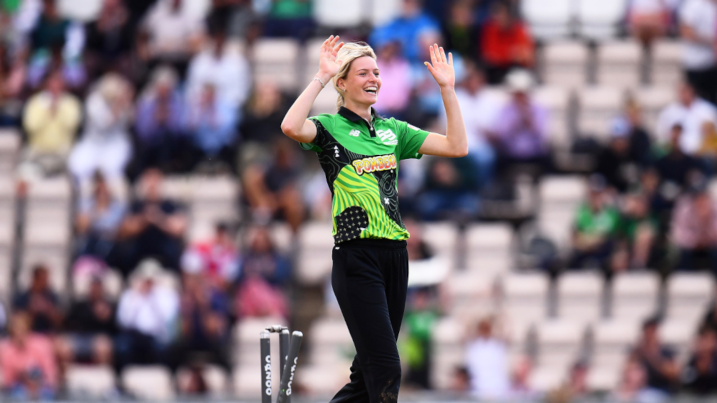 Lauren Bell celebrates another wicket for the Brave