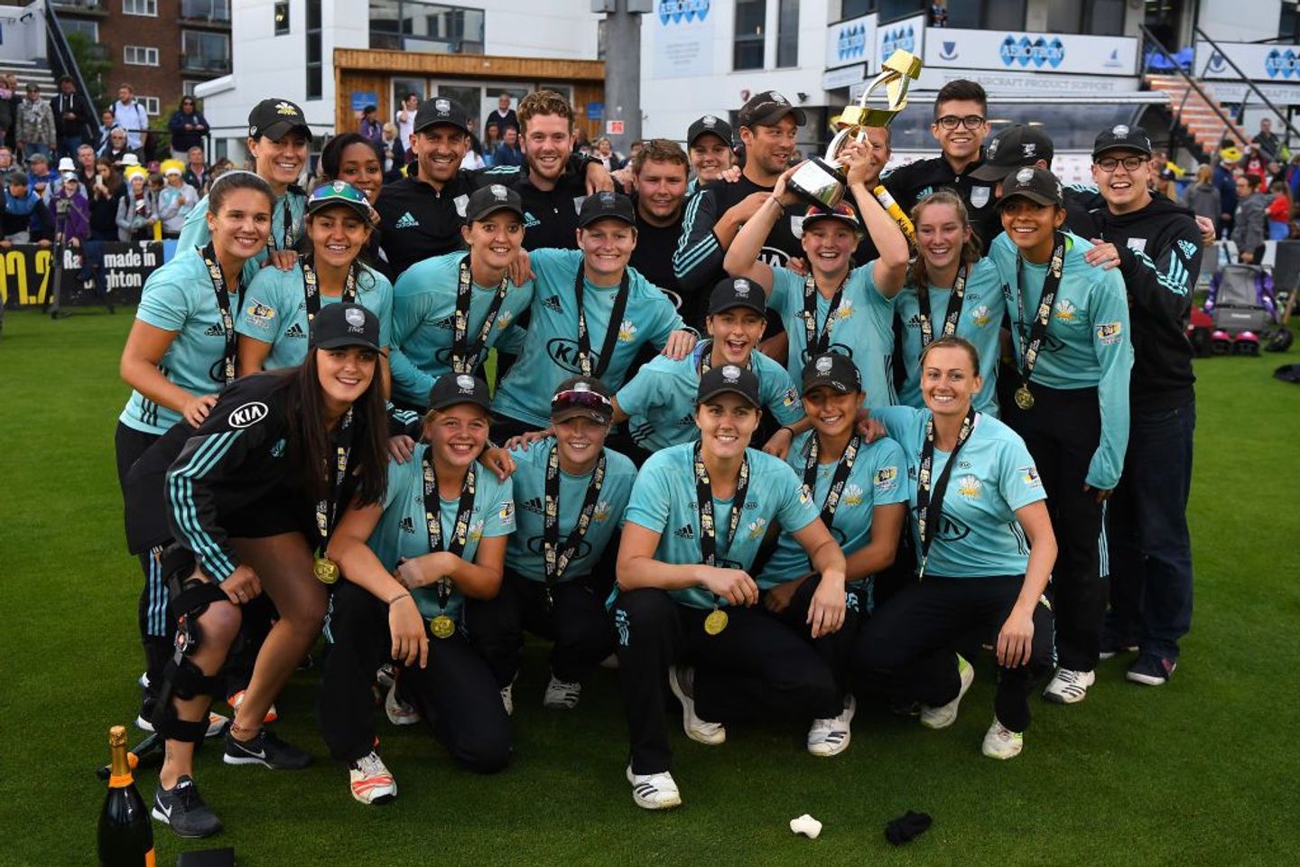 Surrey Women's team taking the Kia Super League title in 2018.