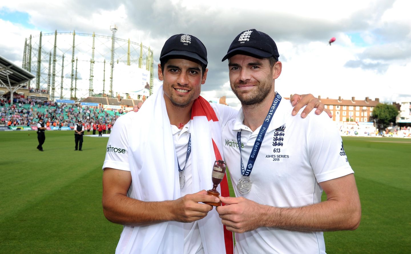 Alastair Cook and James Anderson celebrate England's Ashes win in 2015