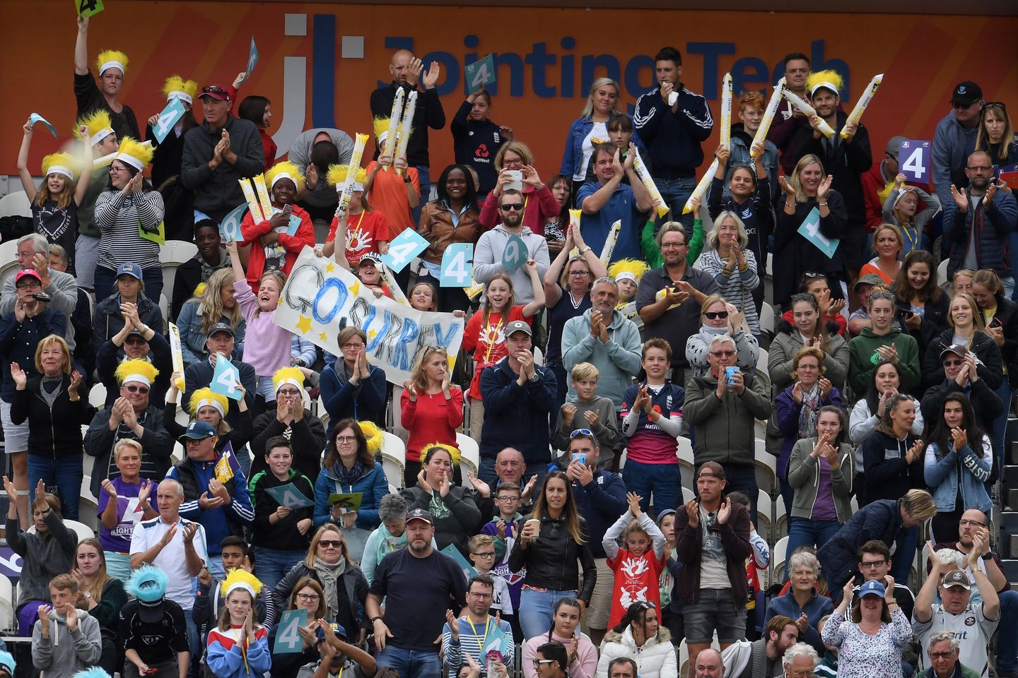 The crowd inside Hove show some love to Lizelle Lee after she reaches her century in the final